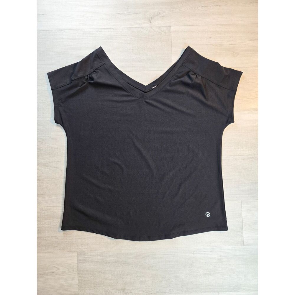 Vitality Womens Black V-Neck Activewear Top Ruched Shoulder Stretch M